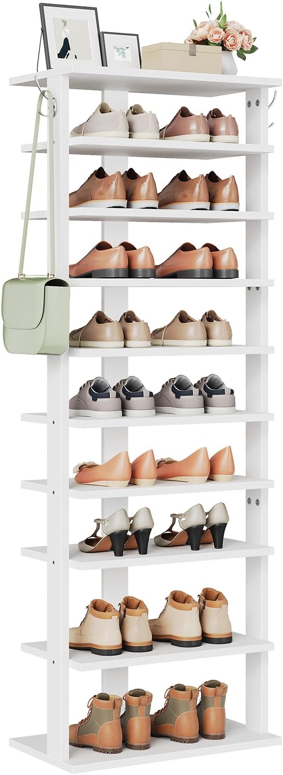 HOOBRO 10 Tiers Vertical Shoe Rack, Wooden Shoe Storage Organizer with Hooks, Narrow Shoe Tower for 20 Pairs, Space Saving, for Entryway, Living Room, Bedroom, White WT140XJ01 - Image 8