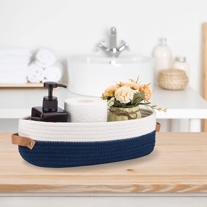 Set of 2 Toilet Basket,Woven Storage Basket for Toilet Tank Top Farmhouse Home Decor Organizing Baskets 13"x5.9"x4" Navy Stitching White - Image 4