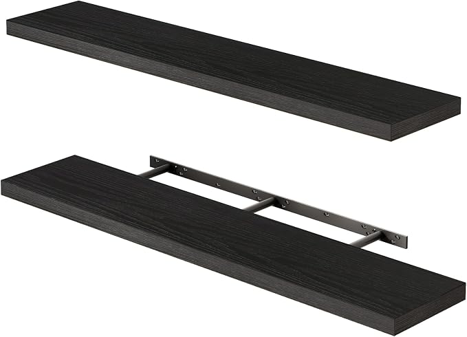 Fixwal Floating Shelves for Wall, 47" Long Heavy Duty Wall Mounted Rustic Wood Shelves for Living Room, Bedroom, Bathroom and Kitchen, Wall Shelves for Storage, Books, Room Decor (Black, Set of 2) by Fixwal