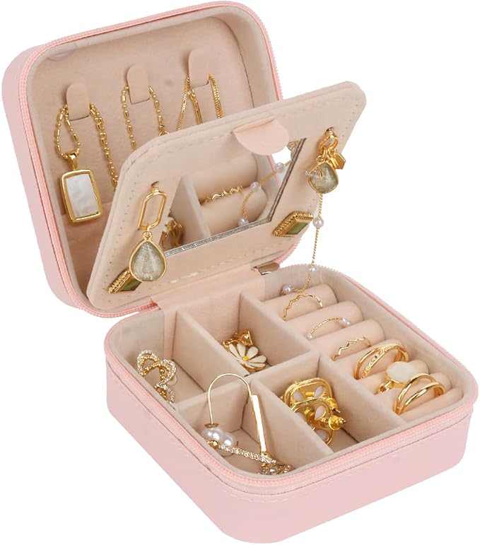 OceeK Travel Jewelry Case Box Organizer with Mirror,Travel Jewelry Box Holder Stocking Stuffers,Pink,1 Pack by OceeK