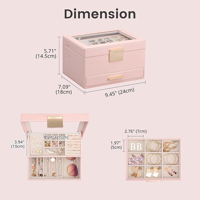 Lolalet Jewelry Box, Clear Window Jewelry Organizer with Drawer for Earrings Bracelets Necklaces Rings, Jewelry Storage for Women -Pink, 3 Layers - Image 6