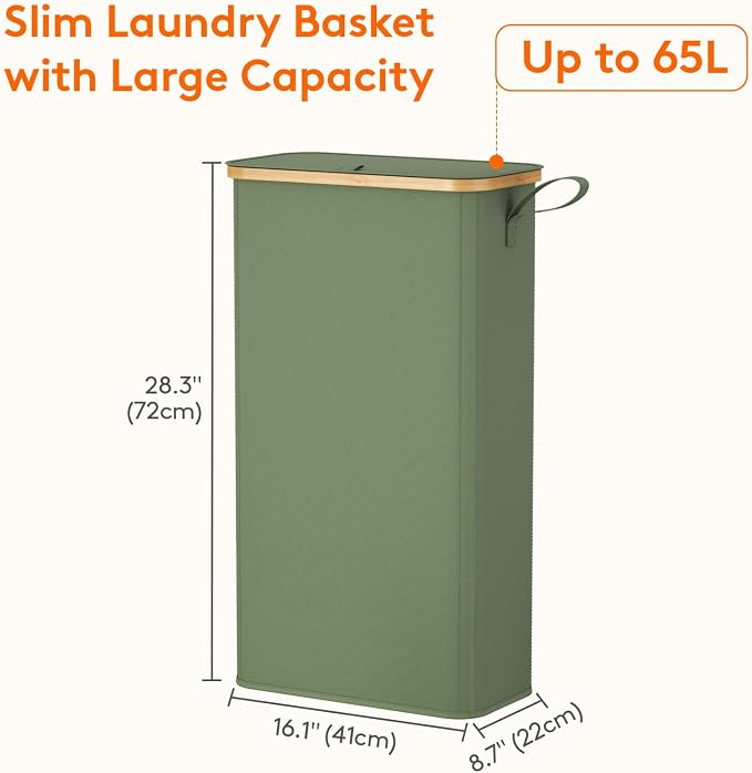 Lifewit 65L Slim Laundry Hamper with Lid, Narrow Laundry Basket with Removable Bag & Bamboo Handles, Fodable Thin Dirty Clothes Hamper for Laundry Collapsible Bin for Bathroom Bedroom Dorm, Green - Image 3
