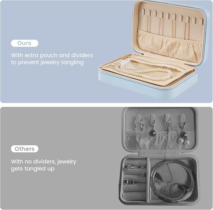 Lolalet Travel Jewelry Case for Women Girls, Travel Jewelry Organizer Box with Mirror & Clear Storage Bag, Small Portable Earring Necklace Bracelet Ring Case, Birthday Valentine Gifts -Medium, Blue - Image 4