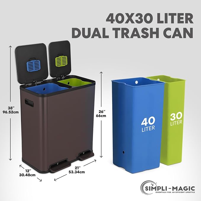 SIMPLI-Magic 18.5 Gallon (70L) Dual Compartment Kitchen Trash Can - Hands-Free Step Pedal, Soft-Close Lid, Stainless Steel Recycling Bin with Odor Filter (40L + 30L) - Image 3