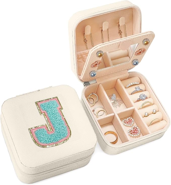 SANDJEST Personalized Jewelry Box, White Travel Jewelry Box with Initial J, Small Monogrammed Jewelry Case Organizer for Girls Women Teen Kids, Mini Travel Essentials Gifts for Birthday Christmas by SANDJEST