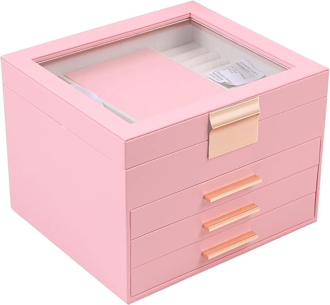 BOOVO Clear Lid Jewelry Box,4 Layers Jewelry Organizer Large Jewelry Storage Box with 3 Drawers,Jewelry Holder Organzier of Rings Earrings Necklace Bracelets for Women (Pink, 4 Layer) by BOOVO