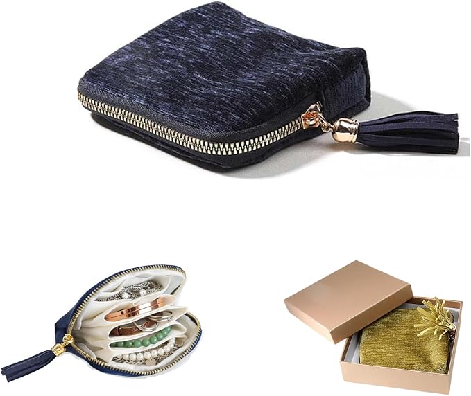 Travel Jewelry Case Organizer for Women - Portable Jewelry Box with 5 Small Pouches, Multi-Compartment Design for Secure Storage, Ideal for Travel, Daily Use (Dark blue) by Unknown