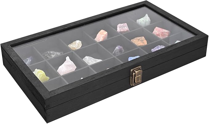 MOOCA Wooden Jewelry Display Case with Tempered Glass Lid & 18 Compartments Tray, Rock Collection Box, Crystal Display Case, Black Color by Mooca