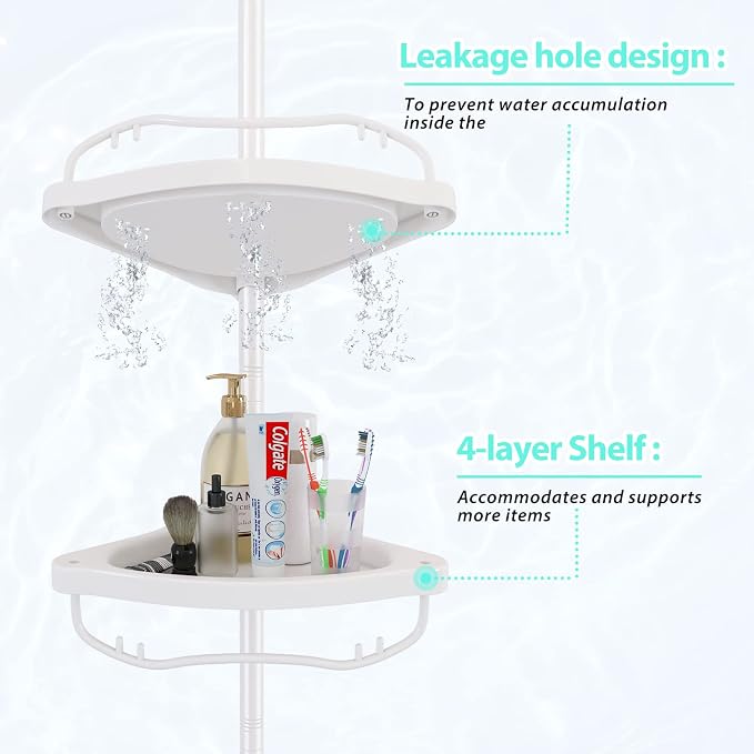 Shower Caddy Tension Pole with 4 ABS Baskets,Shower Storage Shelf with 56 to 125 Inch Adjustable Stainless Pole for Bathroom White - Image 4