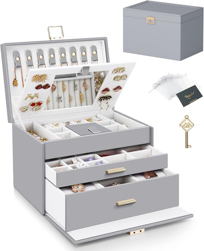 DesignSter Jewelry Box for Women Girl, 3-layer Lockable Jewelry Organizer with Mirror, Large Leather Jewelry Case for Earring Necklace Ring Bracelet Watch - Image 2