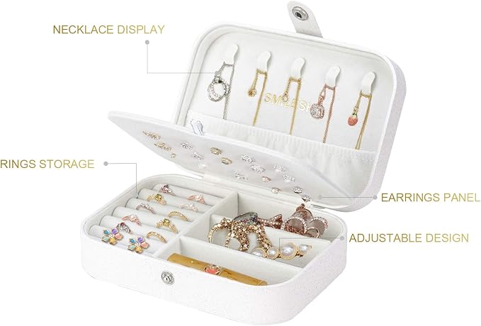 Smileshe Jewelry Box, PU Leather Small Portable Travel Case, 2 Layers Organizer Display Storage Holder Box for Rings, Earrings, Necklaces, Bracelets - Image 5