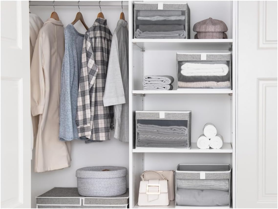 StorageWorks Closet Storage Bins, Large Storage Baskets with Clear Window and Handles, Foldable Fabric Organizer for Clothes, Shelves, Gray, 3 Pack - Image 3