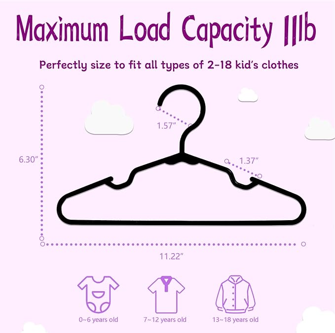 Baby Hangers for Closet 50 Pack Black Plastic Kids Children's Clothes Hangers Non-Slip (Black, 50) - Image 2