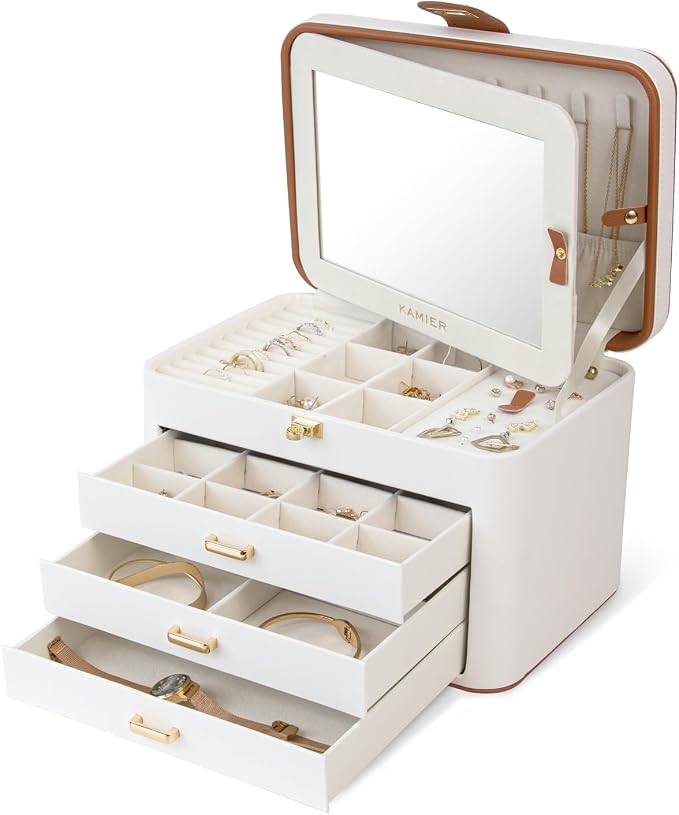 KAMIER Jewelry Boxes for Women, 4 Layer Jewelry Organizer with Mirror, 3 Drawers, Jewelry Storage Box, Christmas Gift, for Earring, Necklace, Bracelet, Ring, White by KAMIER