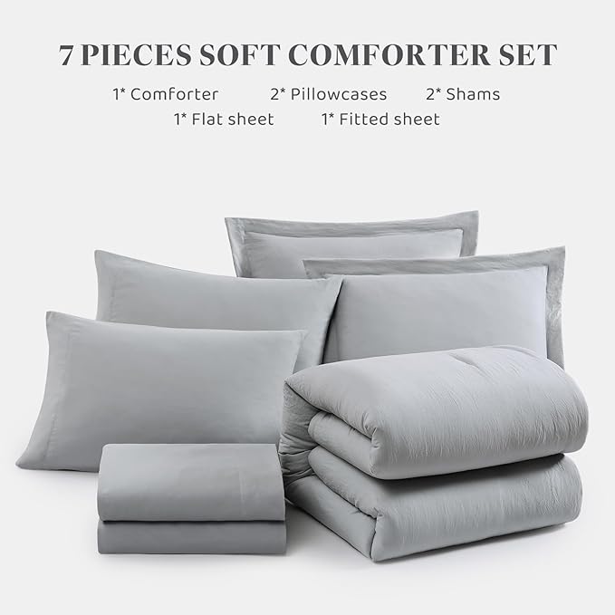WRENSONGE Full Size Comforter Sets- 7 Pieces Soft Light Grey Bed in a Bag with Fitted Sheet, Flat Sheet, 2 Pillow Shams, 2 Pillowcases, Warm Bedding Sets for All Season