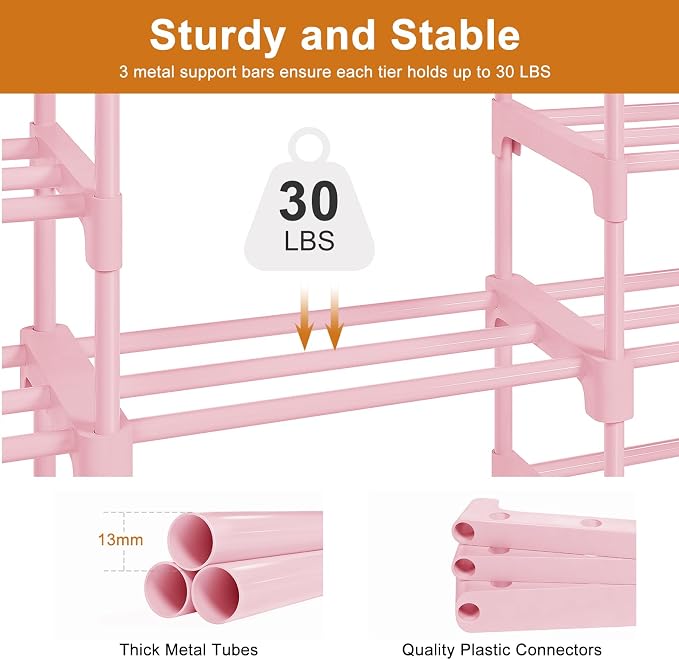 WOWLIVE 9 Tiers Shoe Rack Shoe Storage Shoe Organizer 50-55 Pairs Shoe Tower Unit Shelf Durable Metal Pipes with Plastic Connectors Stackable Cabinet Pink - Image 7