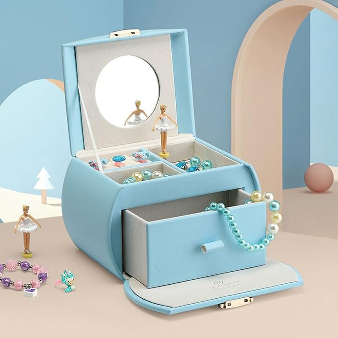 Vlando Musical Jewelry Box with Spinning Ballerina, Lockable Girls’ Jewelry Organizer for Necklaces Rings and Hair Accessories, Gift for Girls and Kids, Blue - Image 8