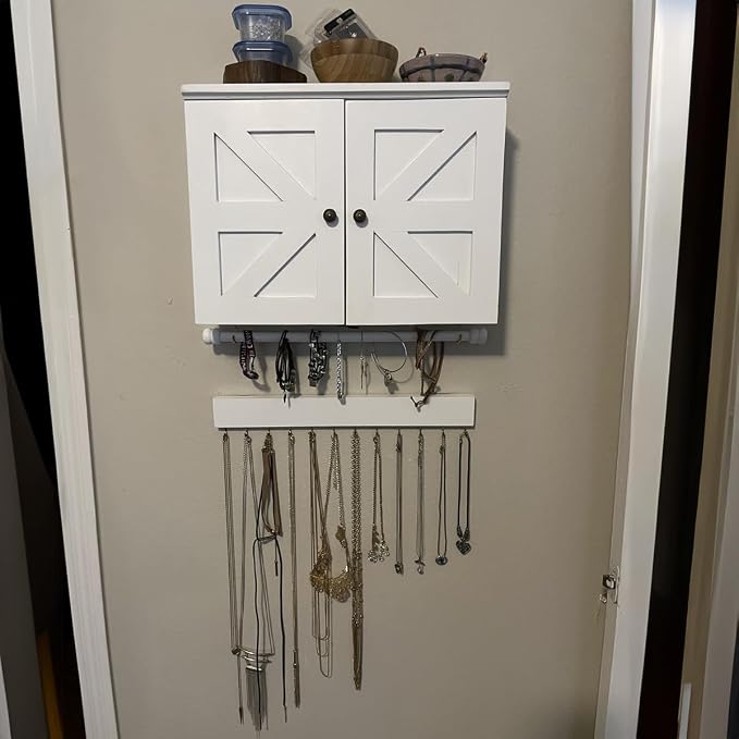 Rustic Wall Mounted Jewelry Organizer,Vintage Wooden Hanging Jewelry Holder Box with Barndoor Decor for Necklaces, Earings, Bracelets, Rings, Accessories. Includes Hook Organizer - Image 6
