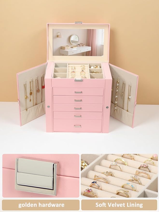 BOOVO Jewelry Box For women, 6 Layer Large Jewelry Organizer With Mirror, Multi-Function Storage Box With Lock, Necklace Holder With 5 Drawers, For Earrings Necklace Bracelet (Silver and Pink) - Image 2