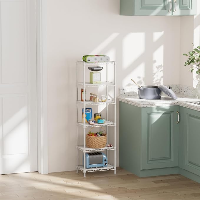 SINGAYE 6 Shelves Storage Shelf Wire Closet Bathroom Organizers Metal Pantry Kitchen Small Garage Shelving Unit Laundry Room Organization Home Corner Rack Estantes para Cocina White 10" Dx16 Wx60”H - Image 2
