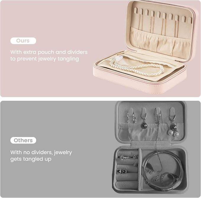 Lolalet Travel Jewelry Case for Women Girls, Travel Jewelry Organizer Box with Mirror & Clear Storage Bag, Small Portable Earring Necklace Bracelet Ring Case, Birthday Valentine Gifts -Medium, Pink - Image 3