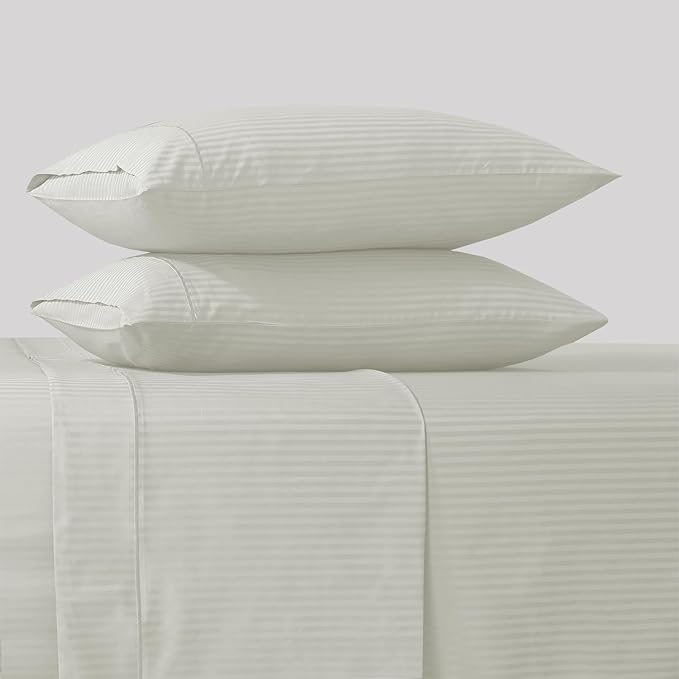 Feather & Stitch 500 TC Queen Size Damask Bed Sheet Set, 100% Cotton Soft Breathable Bedsheets, 4 Piece 18" Deep Pockets Sateen Weave Striped Bedding Mattress Resort Hotel Luxury - (Blue Blush Stripe)