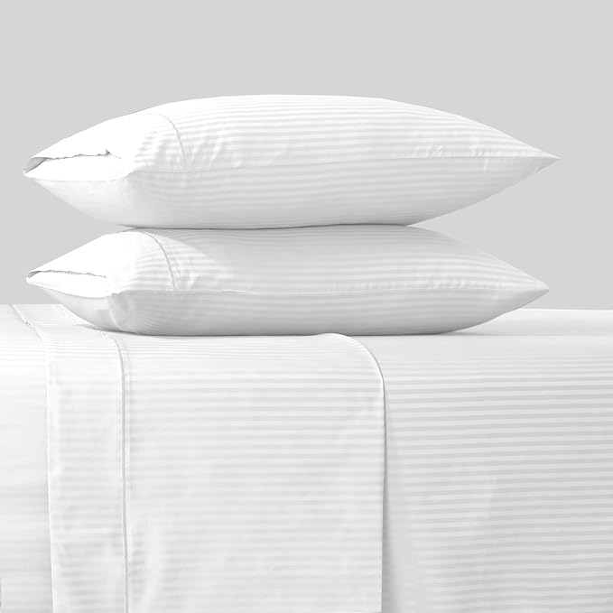 Feather & Stitch 500 TC Twin Size Damask Bed Sheet Set, 100% Cotton Soft Breathable Bedsheets, 3 Piece 18" Deep Pockets Sateen Weave Striped Bedding Mattress Resort Hotel Luxury- (White Stripe)