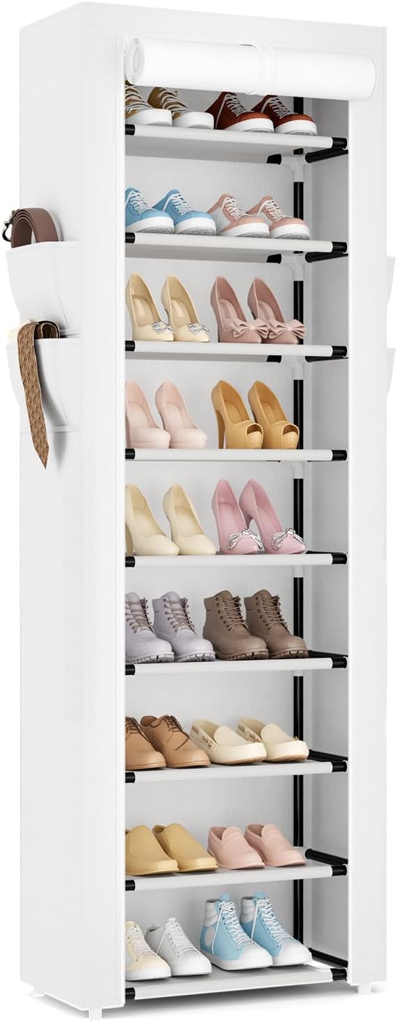 VILICK Shoe Rack with Cover Narrow Shoe Rack Organizer with 4 Side Pockets 10 Tier Tall Shoe Storage Shoe Shelf Holds 18-22 Pairs Shoes and Boots Shoe Rack for Closet, White by VILICK