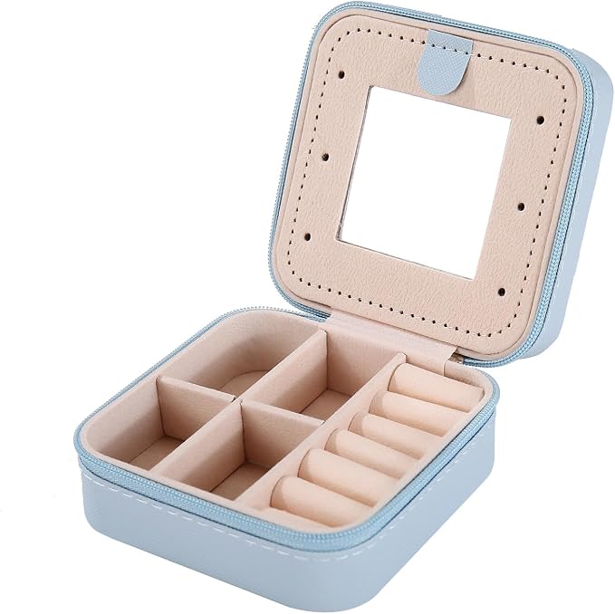 KElofoN Travel jewelry case Travel jewelry box Travel Jewelry Organizer Small Jewelry Organizer Box Gift for Girls Women with Mirror(Sky blue) - Image 6