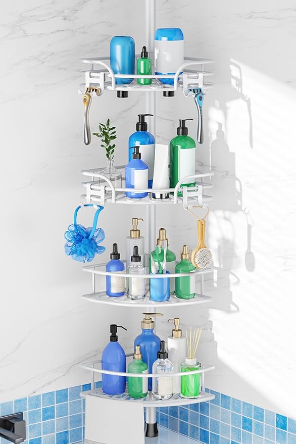 HAMITOR Shower Caddy Corner Tension Pole: 4-Tier Large Capacity Bathroom Organizer Shelf with Towel Bar - Rustproof No-Drill Adjustable 47-123 inch Storage for Renters, Home Bathtub Stand Rack, White by HAMITOR