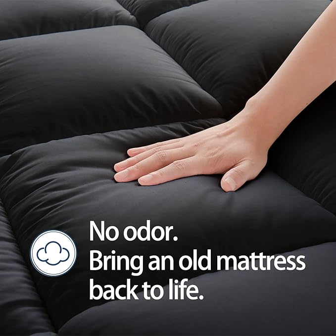 Mattress Topper Twin, Extra Thick Mattress Pad Cover, Plush Pillow Top, Deep Elastic Pocket, Black
