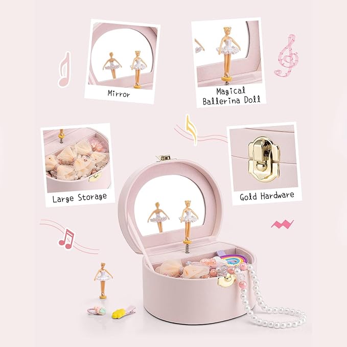 VLANDO Musical Jewelry Box for Girls, Small Kid Music Box with Ballerina for Party Bedroom Decor, Bithday Gift for Girl - Light Pink - Image 5