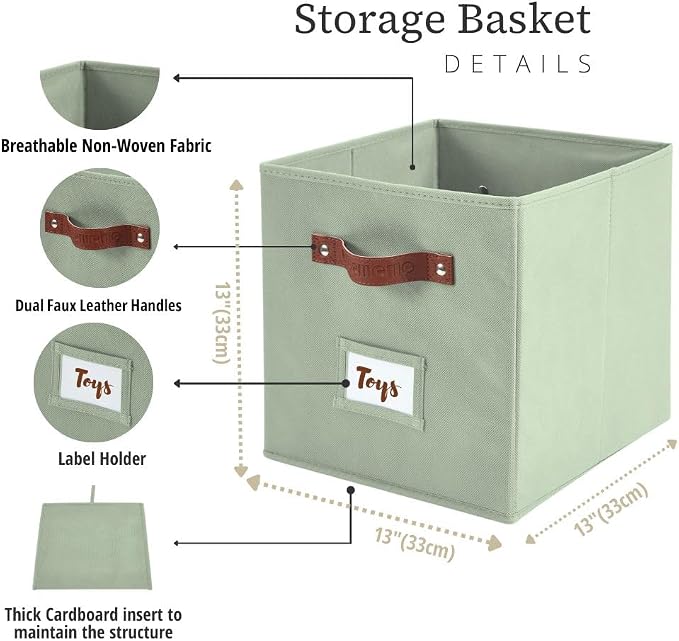 DECOMOMO Storage Cubes, 13x13x13 Storage Cube Bins with Labels, Fabric Organizer Bins (13" / 6pcs, Sage Green) - Image 3