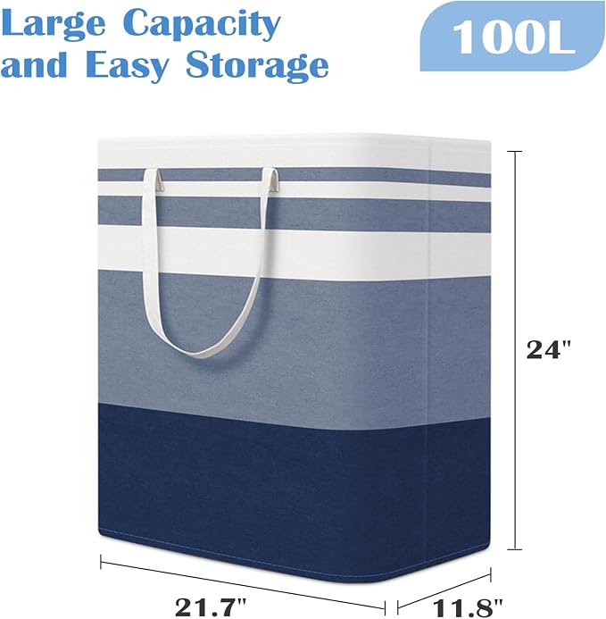 BlissTotes 3-Pack Laundry Basket, Freestanding＆Waterproof Laundry Hamper, Collapsible Tall Clothes Hamper with Easy Carry Handles for Clothes, Towels in the Family and Dorm,Gradient Blue,100L - Image 2