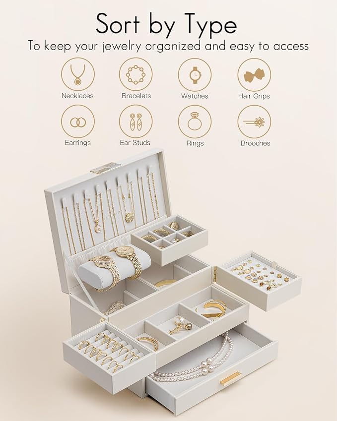 VLANDO 3 Layer Jewelry Box - Women Jewelry Box with Retractable Tray - Jewelry Organizers with Drawer for Necklaces, Rings, Bracelets, Earrings, Valentines Gift for Mom Girls - Cloud White - Image 4