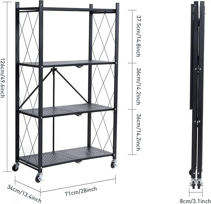 BRIAN & DANY 4-Tier Foldable Storage Shelves with Wheels, Folding Metal Rack Shelving Unit, Heavy Duty No Assembly Organizer Shelf for Garage, Kitchen, Basement, Pantry, Black - Image 3