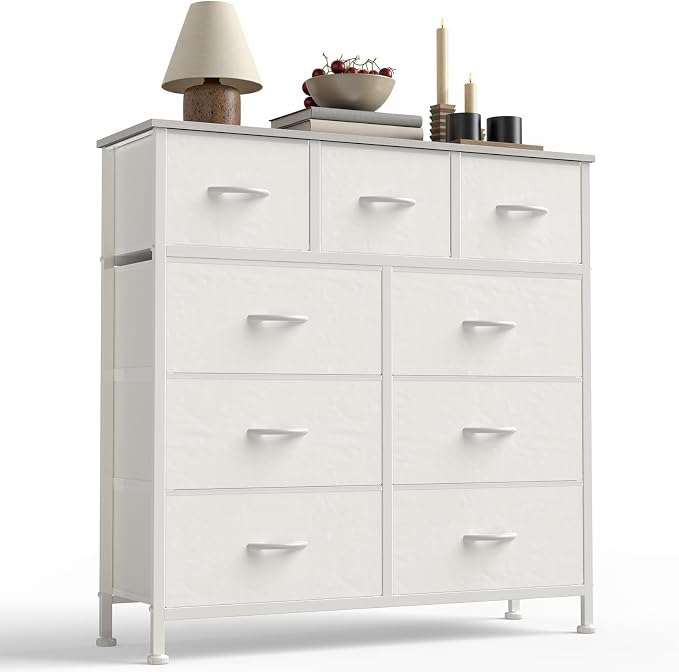 Sweetcrispy 9-Drawer Fabric Dresser Storage Tower with Wood Top and Steel Frame, Organizer Chest with Easy Pull Handles for Bedroom, Closet, Hallway,Pure White by Sweetcrispy