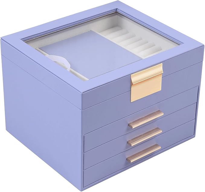 BOOVO Clear Lid Jewelry Box,4 Layers Jewelry Organizer Large Jewelry Storage Box with 3 Drawers,Jewelry Holder Organzier of Rings Earrings Necklace Bracelets for Women (Purple, 4 Layer) by BOOVO