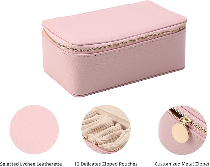 NCONCO Travel Jewelry Box, Portable PU Leather Travel Jewelry Organizer with 12pcs Velvet Bags Compact & Lightweight Travel Jewelry Case for Necklaces Rings Earrings Sorting Storage - Image 3