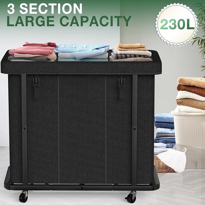 60 Gal(230L) High Grade Large Laundry Basket with Wheels, Rolling Laundry Hamper, Laundry Cart with Metal Frame and Removable Bag Design, Suitable for Laundry Room, Bedroom (Black, 3 Section 230L) - Image 2