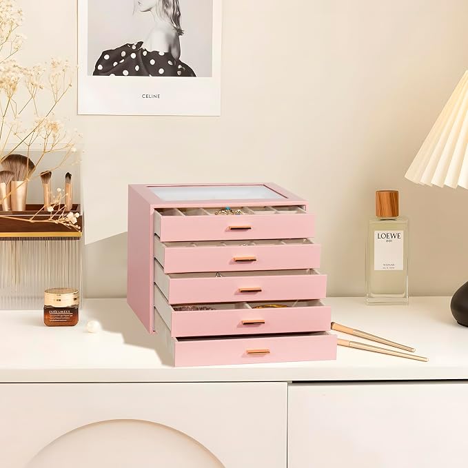Jewelry Box with Glass Lid, 5-Layer Jewelry Organizer for Women Girls, PU Leather Display Case with 20-Grid Earring Tray & Movable Dividers for Necklaces Rings,Pink - Image 2