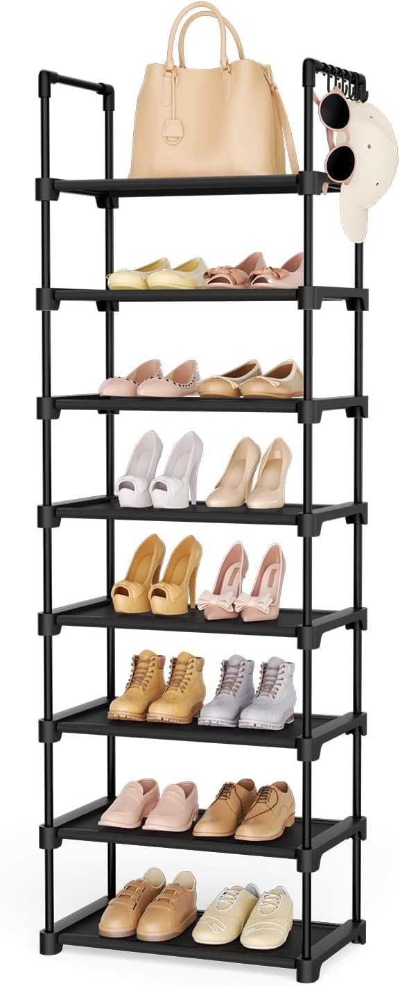 LANTEFUL Tall Shoe Rack 8 Tiers, 16-20 Pairs Shoe and Boots Organizer Storage Sturdy Shoe Shelf, Narrow Vertical Shoe Rack for Entryway, Closet, Metal Shoe Organizer with 5 Hooks by LANTEFULforTidyingHouse