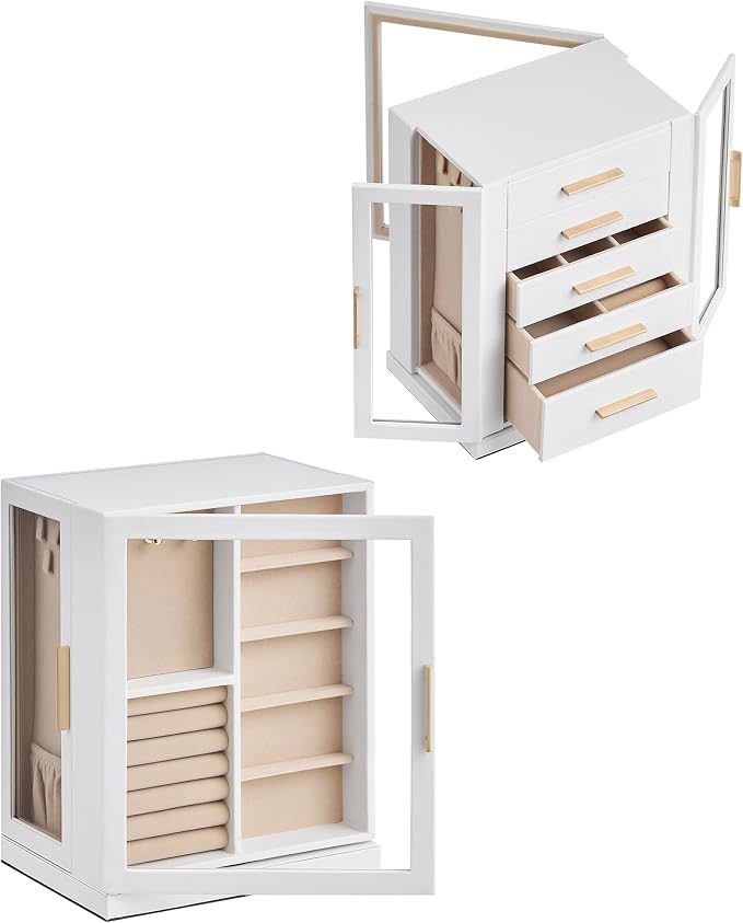 Glimmloop 360° Rotating Jewelry Box with 5 Drawers, Spacious Vertical Jewelry Organizer with Glass Window, Jewelry Storage Case, Dustproof & Moisture-resistant Design, White - Image 7