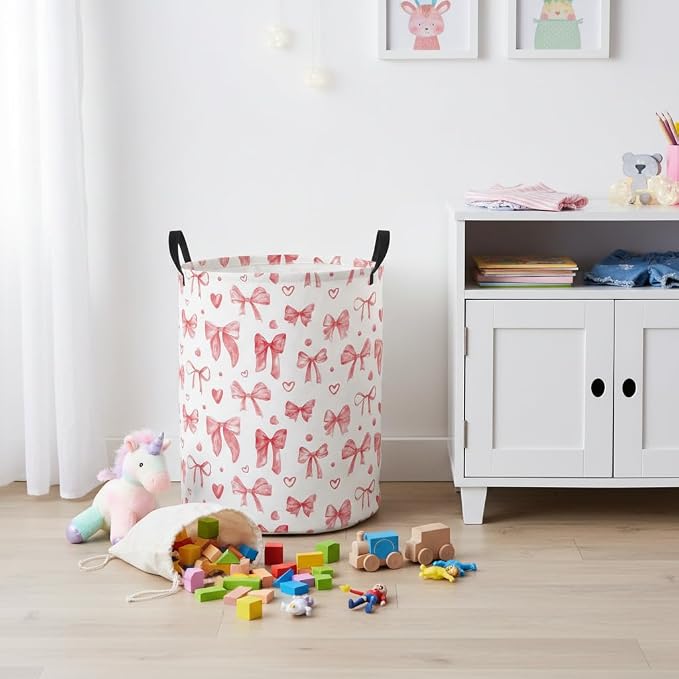 Baby Laundry Basket Baby Nursery Hamper Kids Laundry Basket Toy Storage Bin for Boys Room Decor Gift Baskets for Bedroom Bathroom(Heart Bowknot) - Image 5
