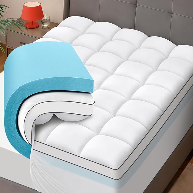 Dual Layer 4 Inch Memory Foam Mattress Topper Queen Size - 2 Inch Cooling Gel Memory Foam Plus 2 Inch Pillow Top Thick Mattress Pad - Pressure-Relieving Comfort