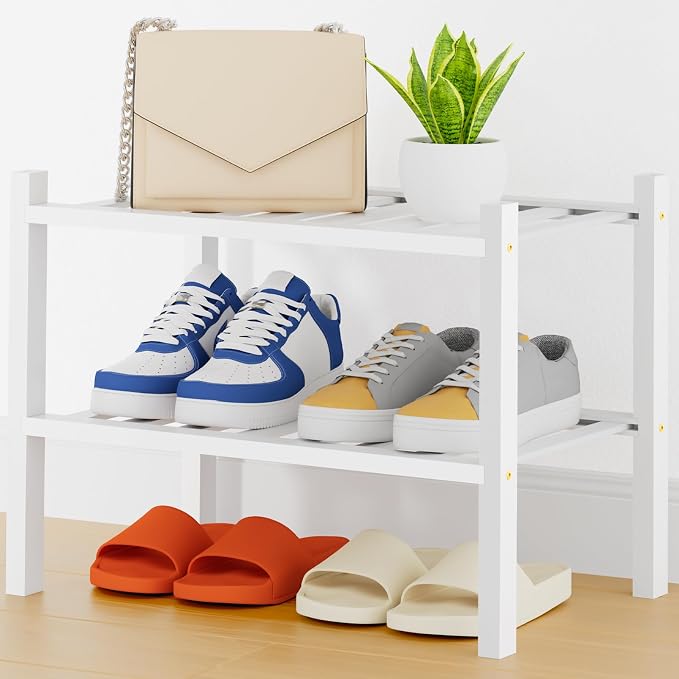 Smiry Shoe Rack, 2 Tier Thick Small Bamboo Shoe Organizer, Stackable Free Standing Wooden Shoe Storage Shelf for Closet, Entryway, Front Door Entrance, White by Smiry