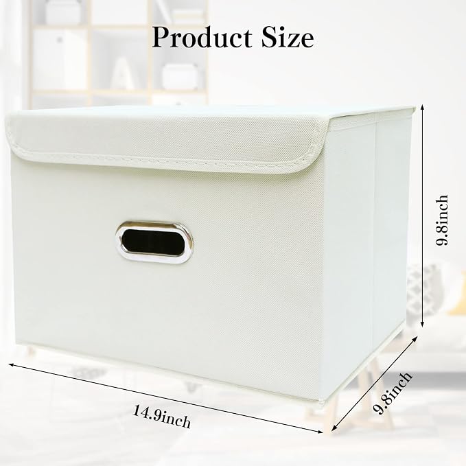 STOREONE Fabric Storage Cube Bins Foldable Organizer Container Collapsible Basket with Lids and Metal Handles, for Home, Bedroom, Closet 3 Pcs (Creamy-White) - Image 2