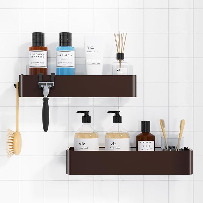 Kitsure Shower Caddy - 2 Pack Adhesive Shower Organizer, Rustproof Metal Shelves, No-Drill Bathroom Organizers and Storage, Brown, Large by Kitsure