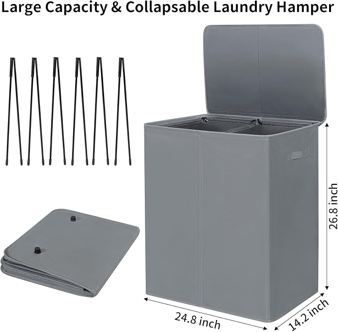 WOWLIVE 154L Double Laundry Hamper with Lid and Removable Laundry Bags, Large Dirty Clothes Hamper 2 section Collapsible Laundry Basket Dorm Room Storage for Bedroom, Bathroom, College,Grey - Image 5