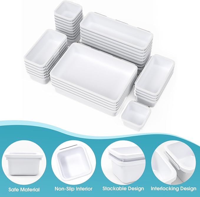 33 PCS Drawer Organizer Set, 4 Size Makeup Drawer Divider Organizer With Non-Slip Pads, Interlocking Plastic Storage Bins for Office,Jewelry Vanity,Gadgets, Bathroom,Kitchen, White - Image 3
